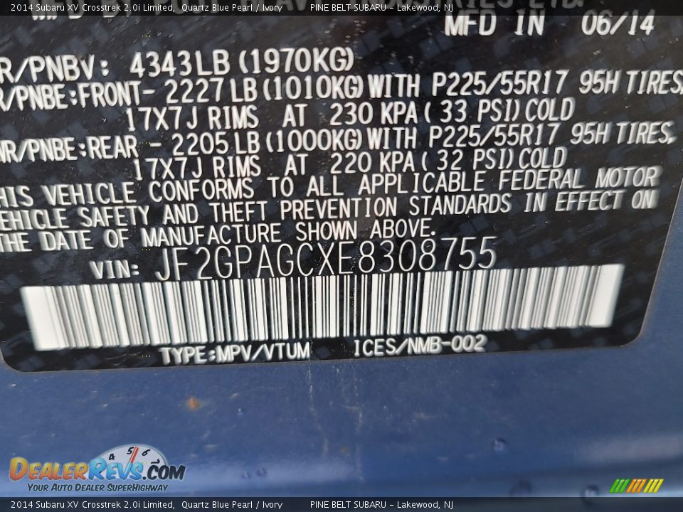 2014 Subaru XV Crosstrek 2.0i Limited Quartz Blue Pearl / Ivory Photo #35