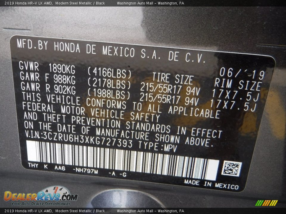 2019 Honda HR-V LX AWD Modern Steel Metallic / Black Photo #27