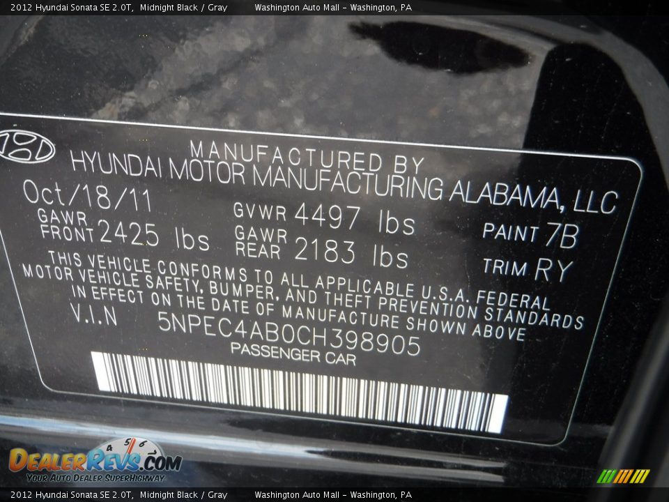 2012 Hyundai Sonata SE 2.0T Midnight Black / Gray Photo #32