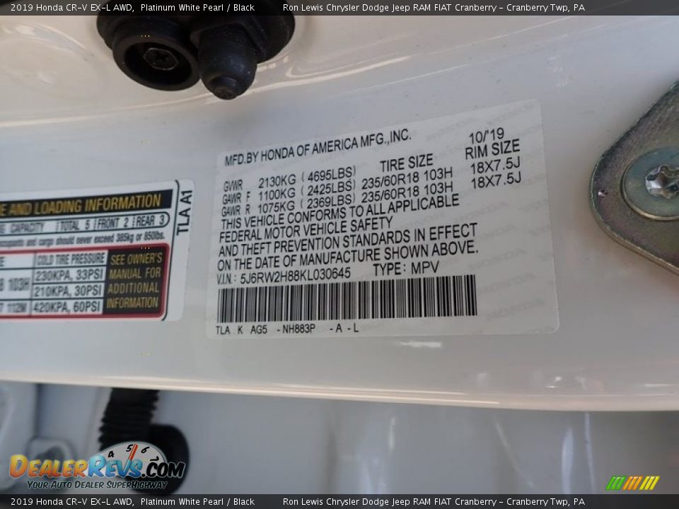 2019 Honda CR-V EX-L AWD Platinum White Pearl / Black Photo #11