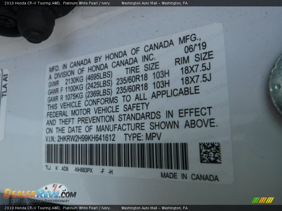 2019 Honda CR-V Touring AWD Platinum White Pearl / Ivory Photo #33