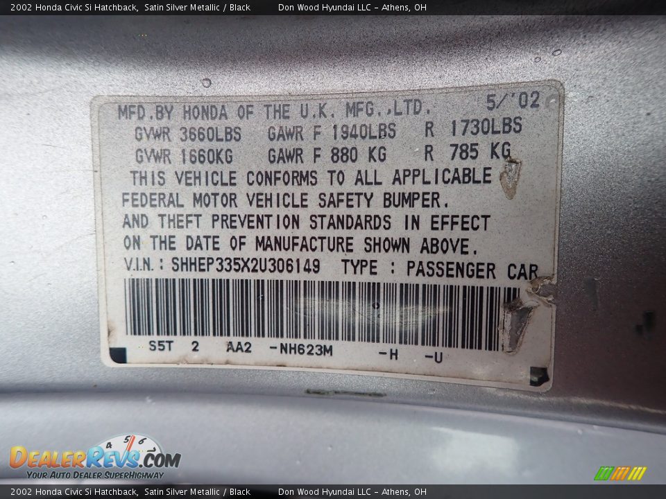 2002 Honda Civic Si Hatchback Satin Silver Metallic / Black Photo #13