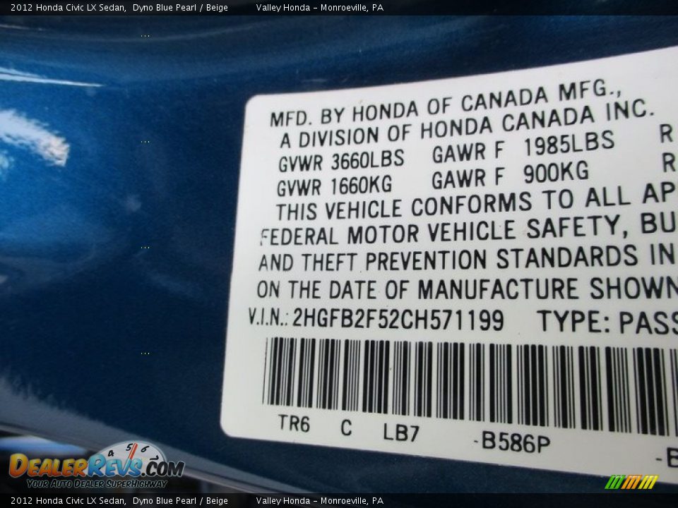 2012 Honda Civic LX Sedan Dyno Blue Pearl / Beige Photo #19