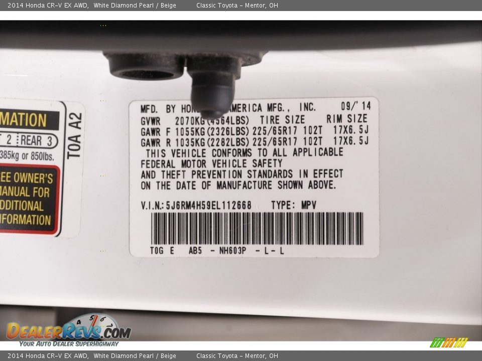 2014 Honda CR-V EX AWD White Diamond Pearl / Beige Photo #20