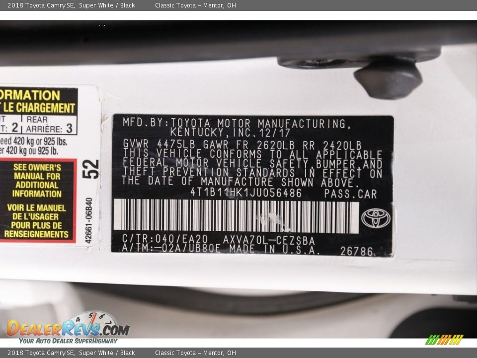 2018 Toyota Camry SE Super White / Black Photo #19