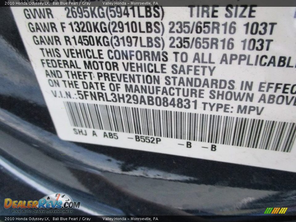 2010 Honda Odyssey LX Bali Blue Pearl / Gray Photo #19