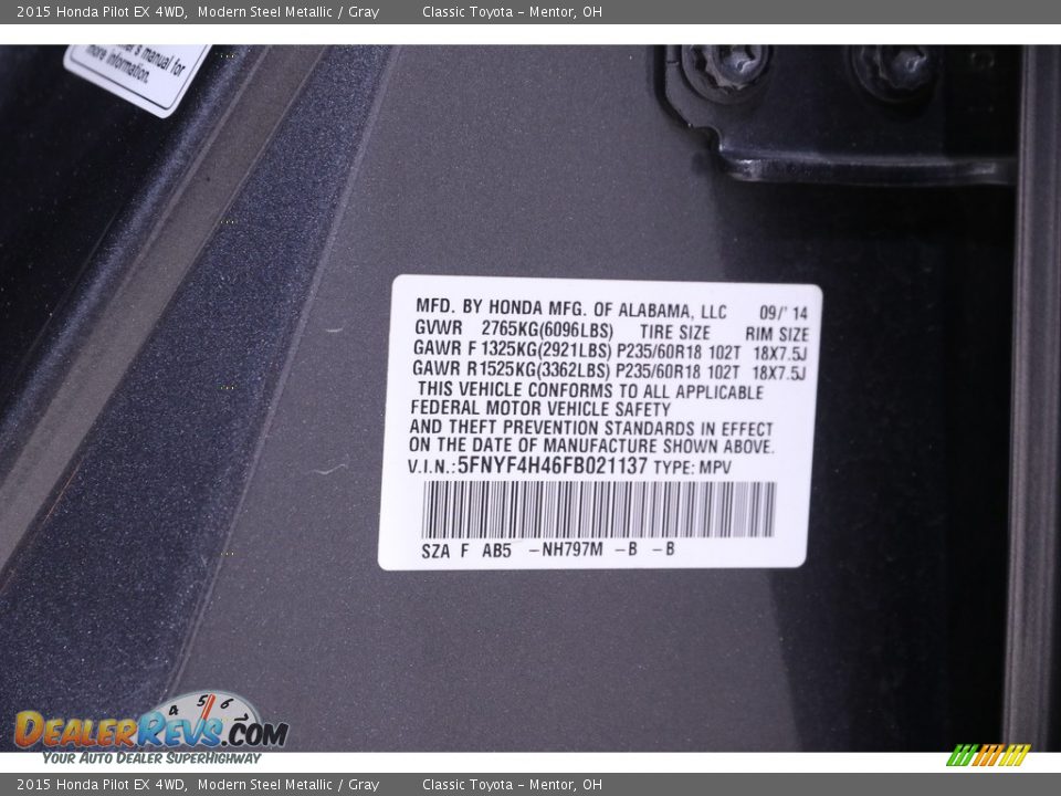 2015 Honda Pilot EX 4WD Modern Steel Metallic / Gray Photo #22