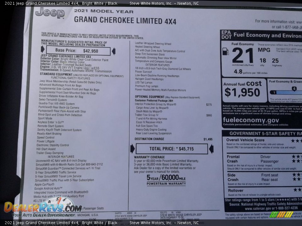 2021 Jeep Grand Cherokee Limited 4x4 Bright White / Black Photo #32