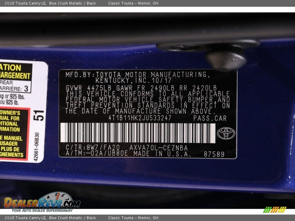 2018 Toyota Camry LE Blue Crush Metallic / Black Photo #18