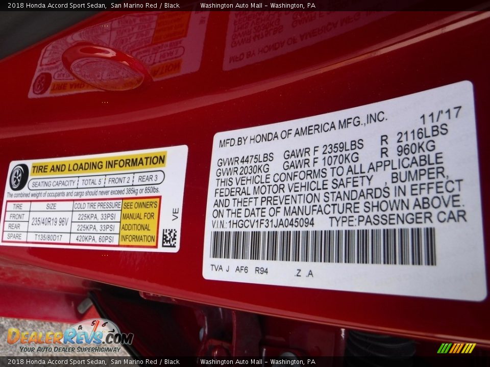 2018 Honda Accord Sport Sedan San Marino Red / Black Photo #29