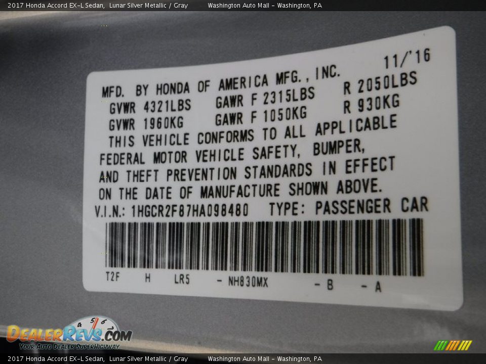 2017 Honda Accord EX-L Sedan Lunar Silver Metallic / Gray Photo #31