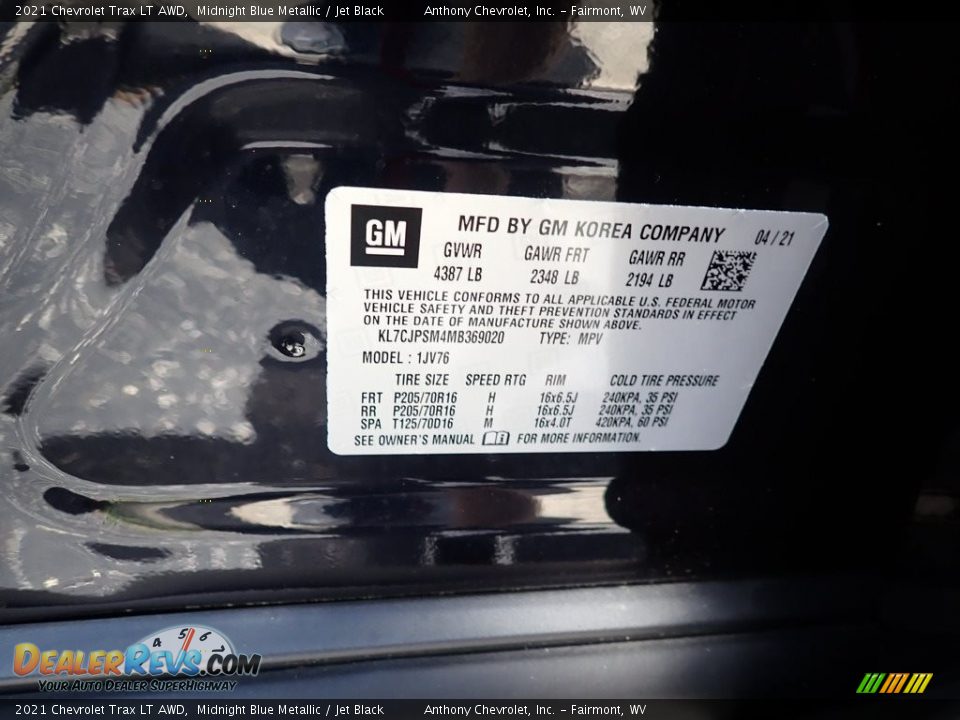 2021 Chevrolet Trax LT AWD Midnight Blue Metallic / Jet Black Photo #14