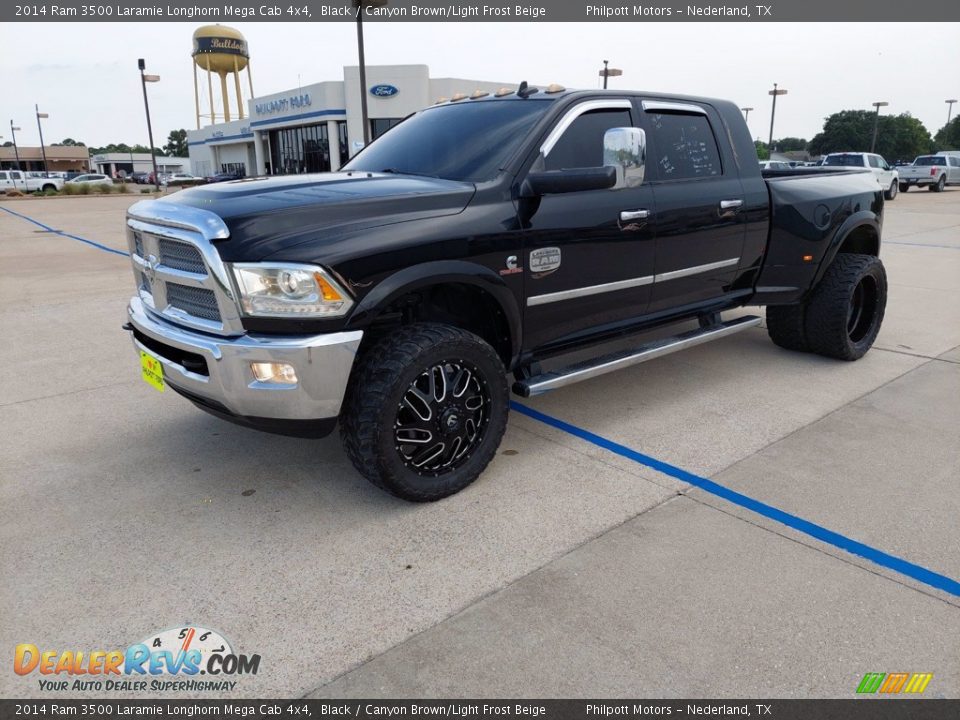 2014 Ram 3500 Laramie Longhorn Mega Cab 4x4 Black / Canyon Brown/Light Frost Beige Photo #3