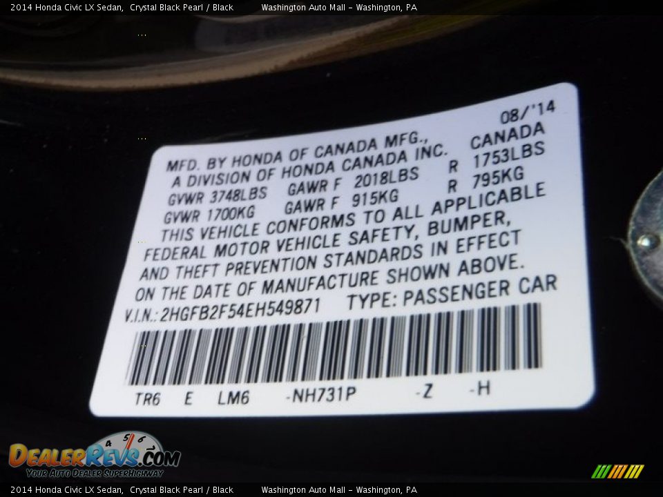 2014 Honda Civic LX Sedan Crystal Black Pearl / Black Photo #24