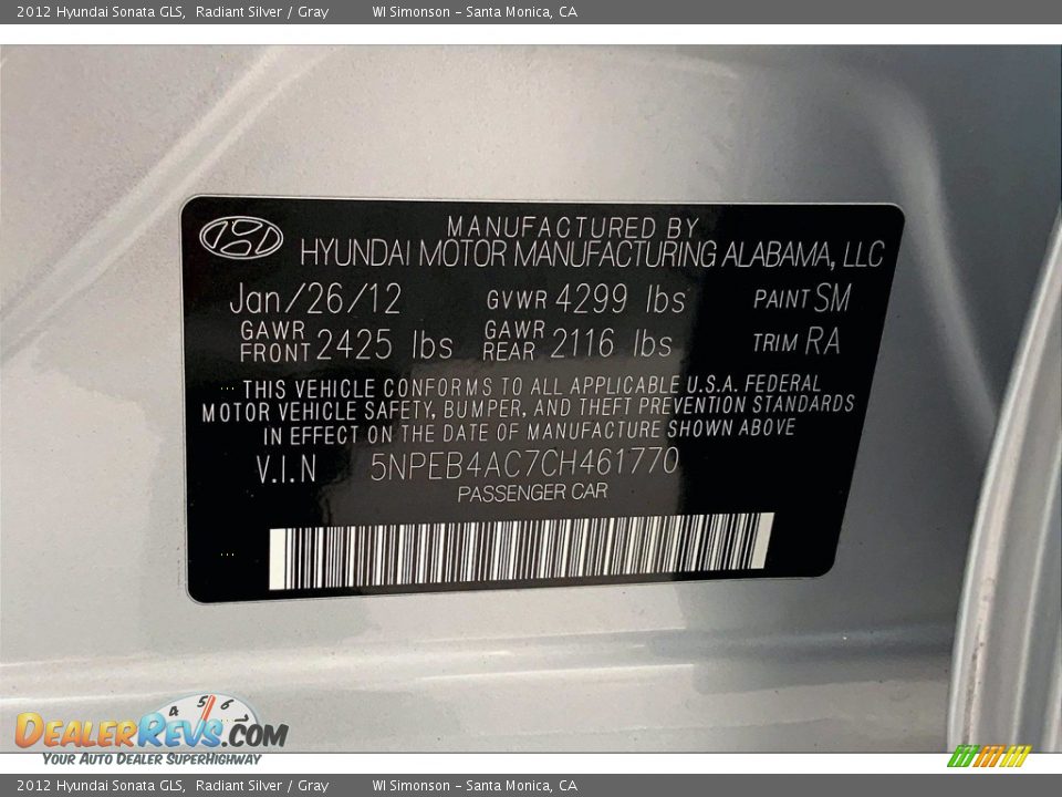 2012 Hyundai Sonata GLS Radiant Silver / Gray Photo #31