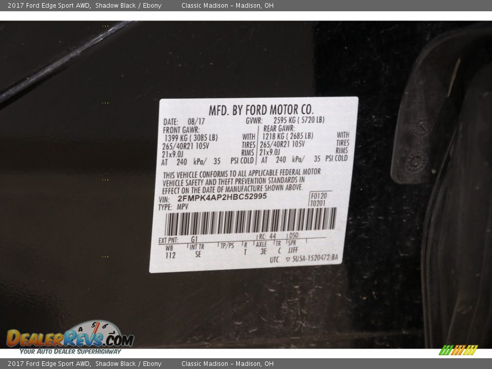 2017 Ford Edge Sport AWD Shadow Black / Ebony Photo #21