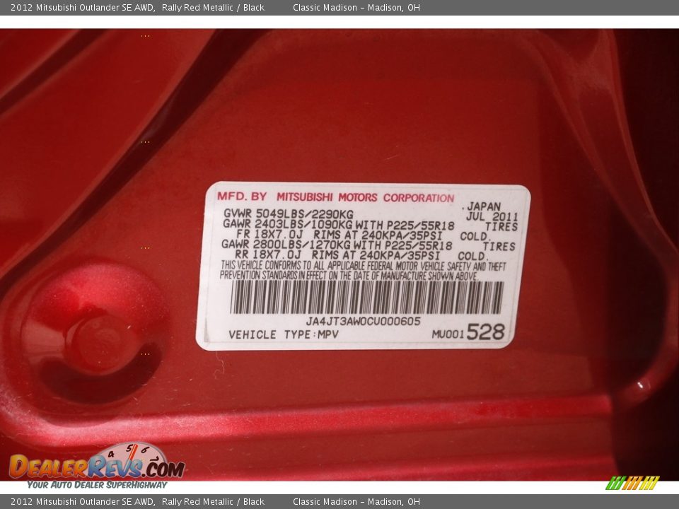 2012 Mitsubishi Outlander SE AWD Rally Red Metallic / Black Photo #17