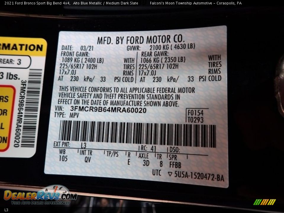 Ford Color Code L3 Alto Blue Metallic