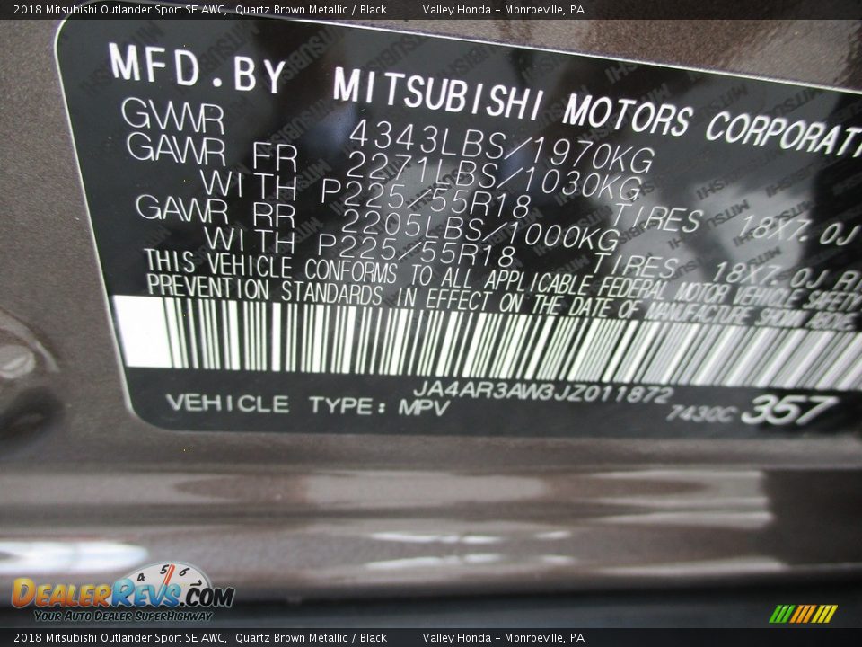 2018 Mitsubishi Outlander Sport SE AWC Quartz Brown Metallic / Black Photo #19