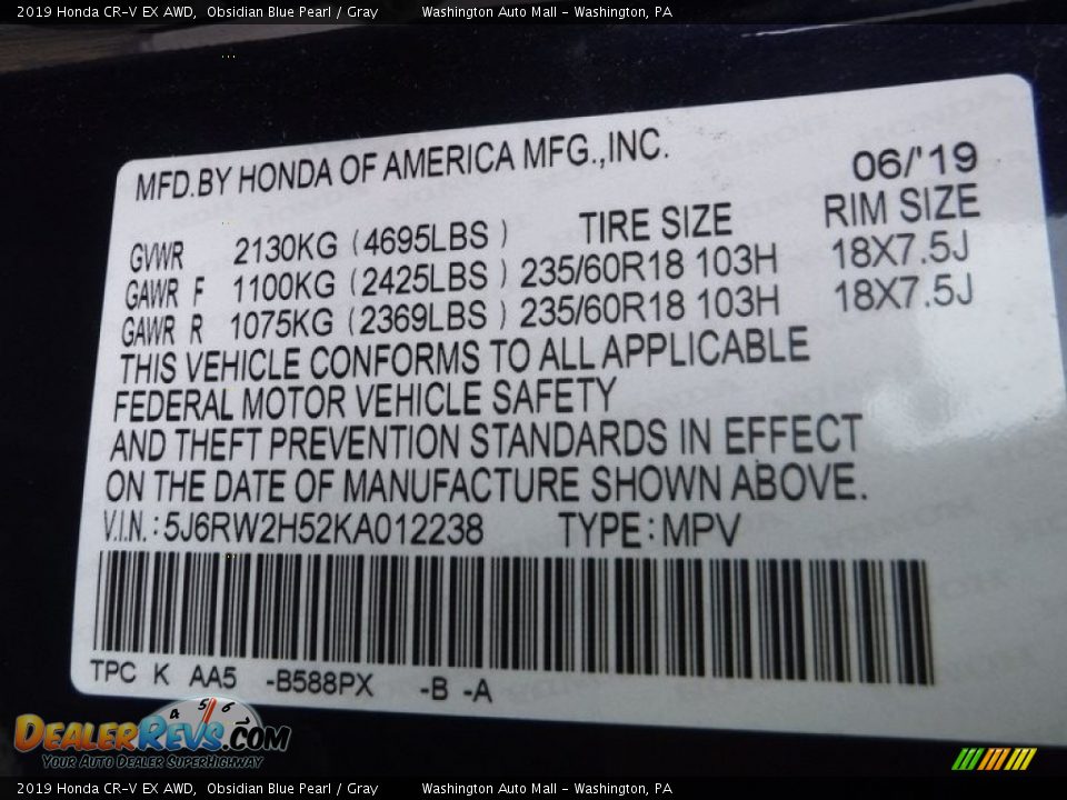 2019 Honda CR-V EX AWD Obsidian Blue Pearl / Gray Photo #32