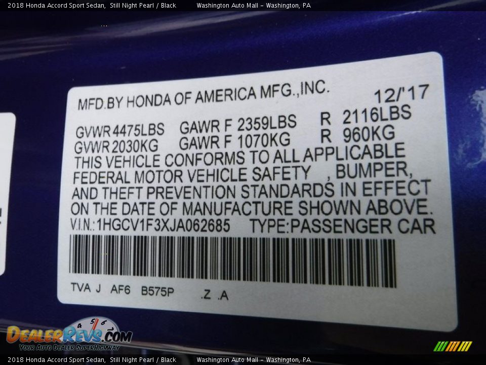 2018 Honda Accord Sport Sedan Still Night Pearl / Black Photo #29