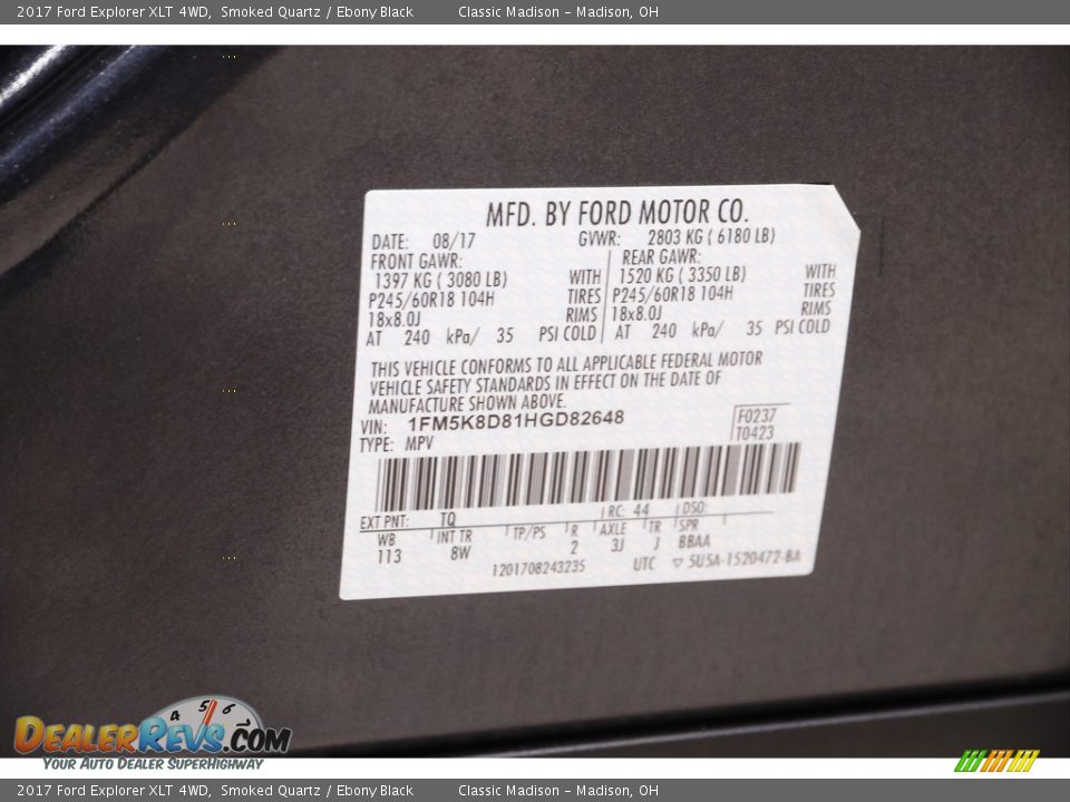 2017 Ford Explorer XLT 4WD Smoked Quartz / Ebony Black Photo #20