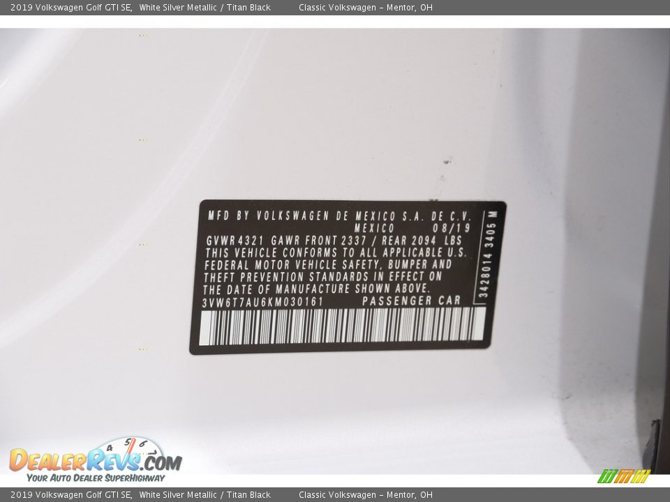 2019 Volkswagen Golf GTI SE White Silver Metallic / Titan Black Photo #20