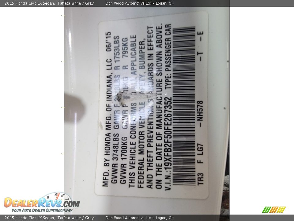 2015 Honda Civic LX Sedan Taffeta White / Gray Photo #34