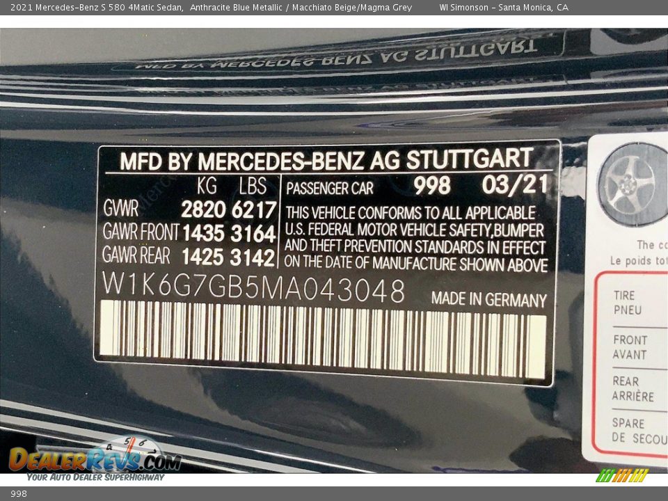 Mercedes-Benz Color Code 998 Anthracite Blue Metallic