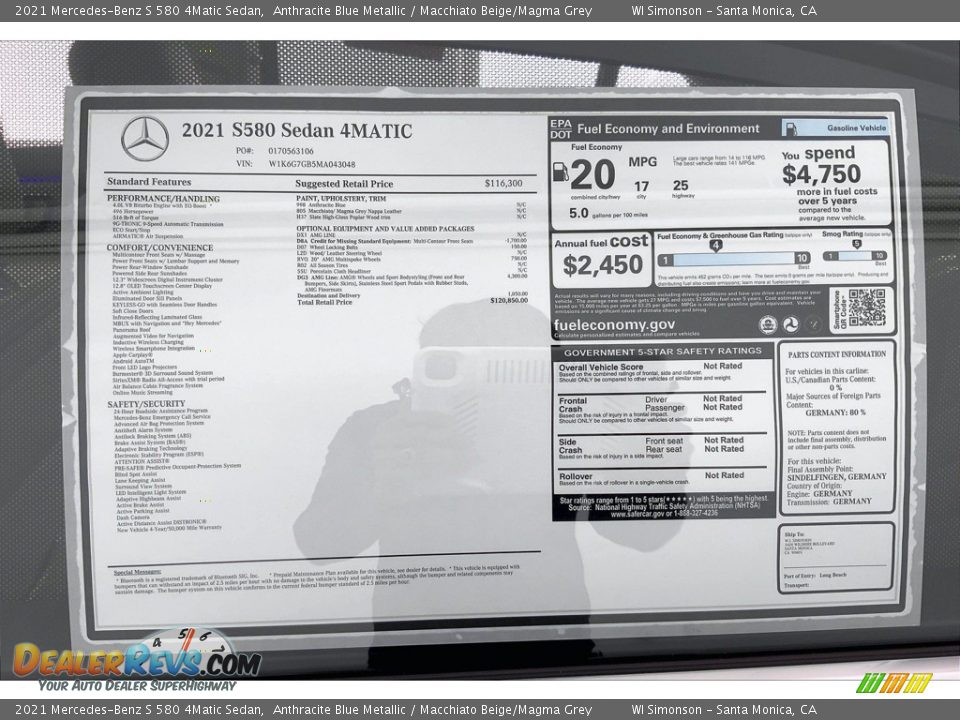 2021 Mercedes-Benz S 580 4Matic Sedan Window Sticker Photo #13