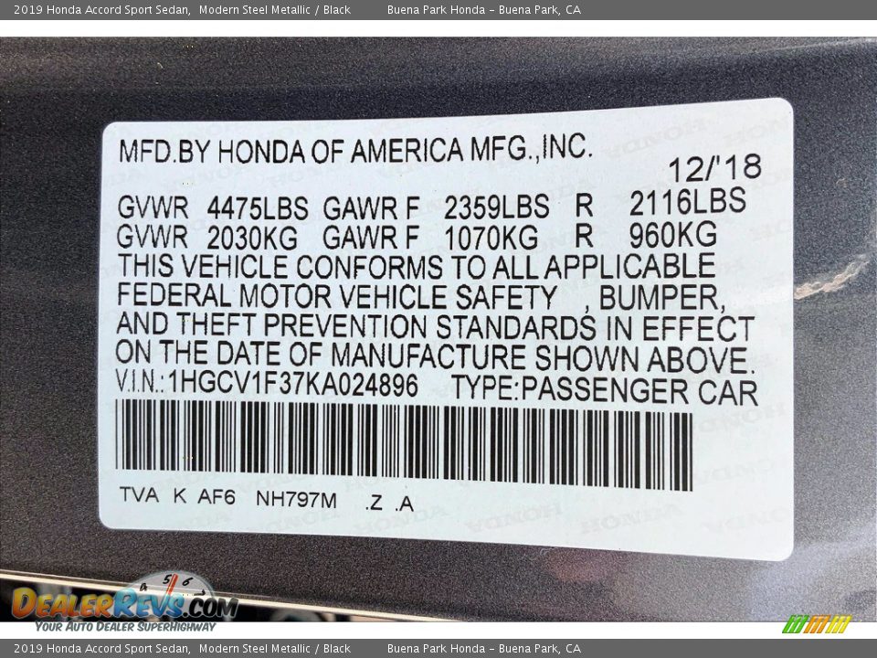 2019 Honda Accord Sport Sedan Modern Steel Metallic / Black Photo #35