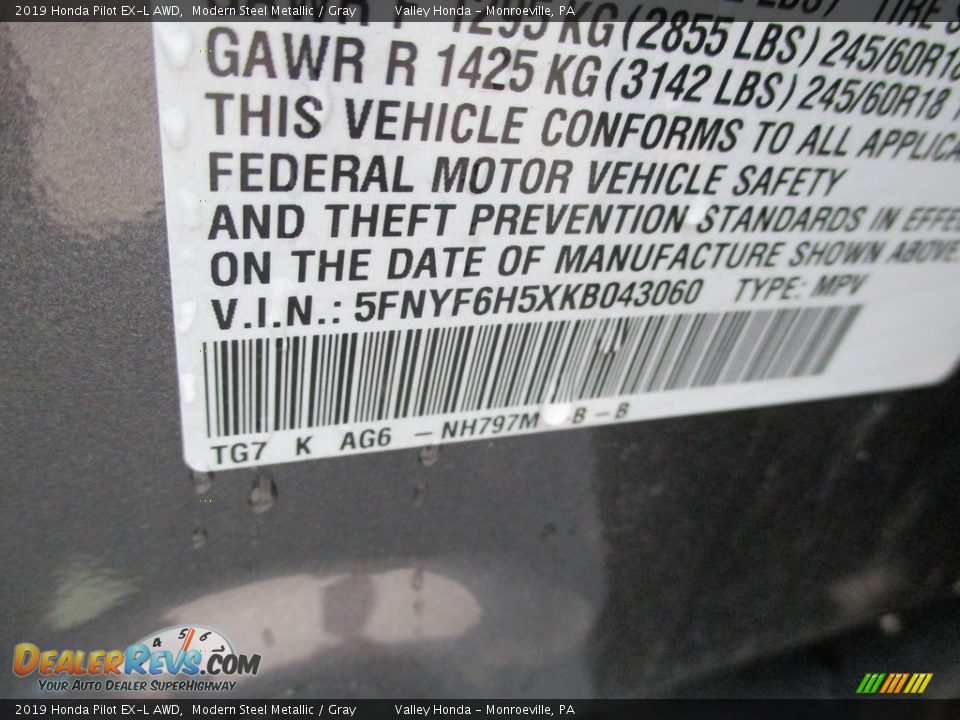 2019 Honda Pilot EX-L AWD Modern Steel Metallic / Gray Photo #19