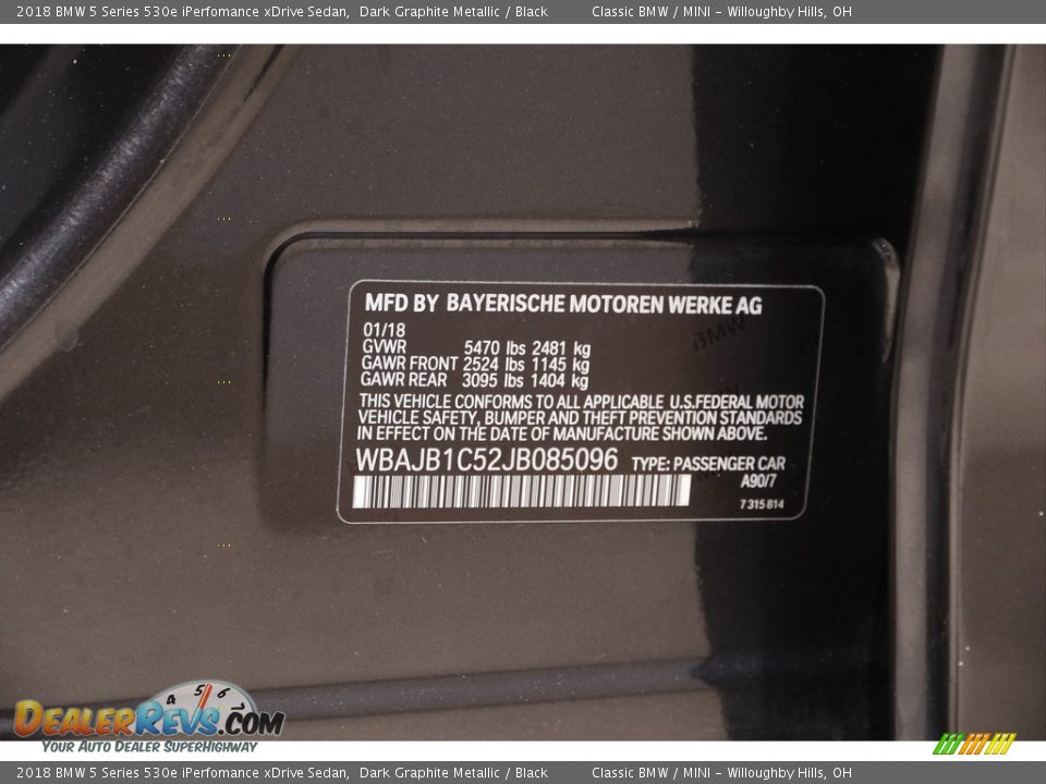 2018 BMW 5 Series 530e iPerfomance xDrive Sedan Dark Graphite Metallic / Black Photo #21