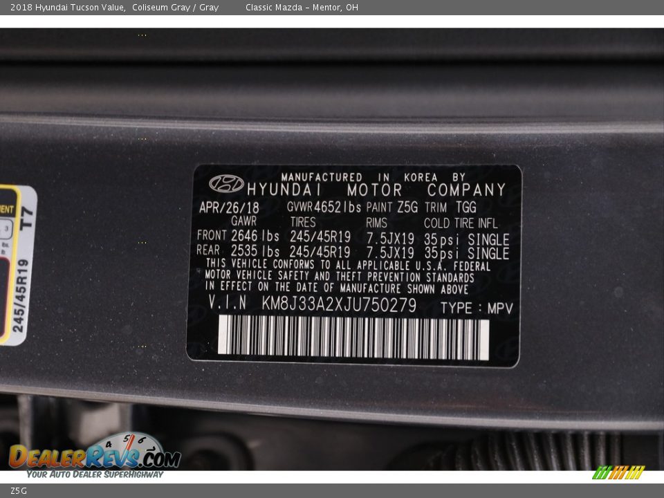 Hyundai Color Code Z5G Coliseum Gray