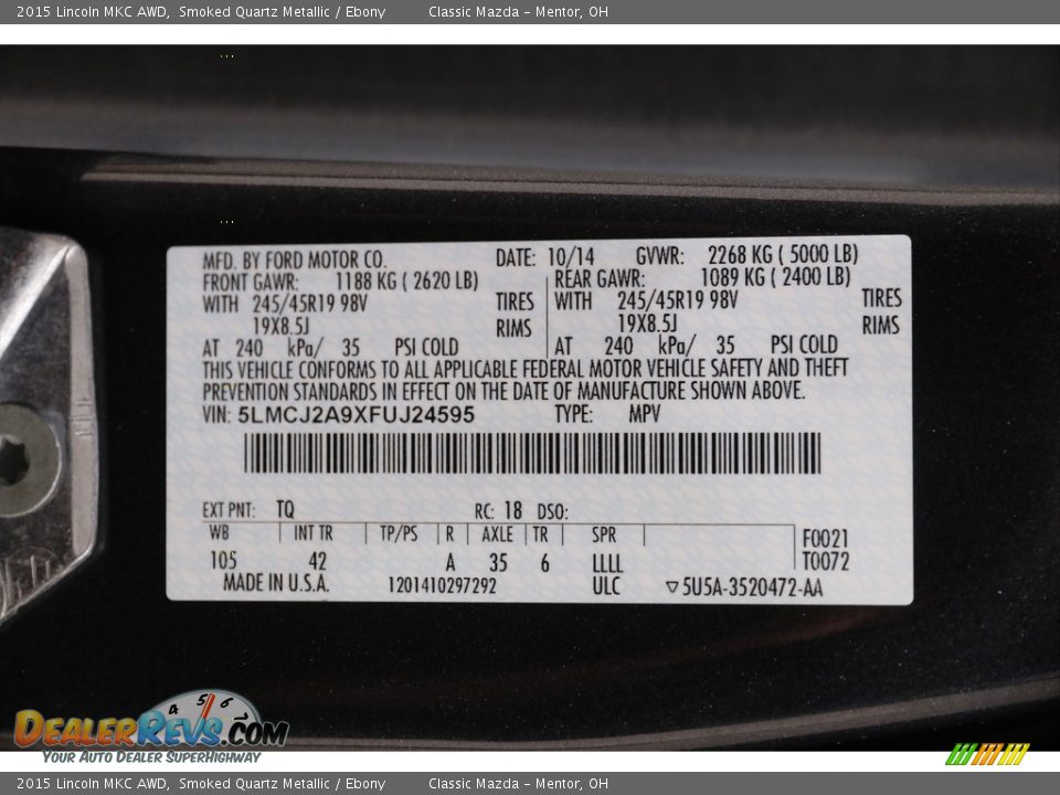 2015 Lincoln MKC AWD Smoked Quartz Metallic / Ebony Photo #20