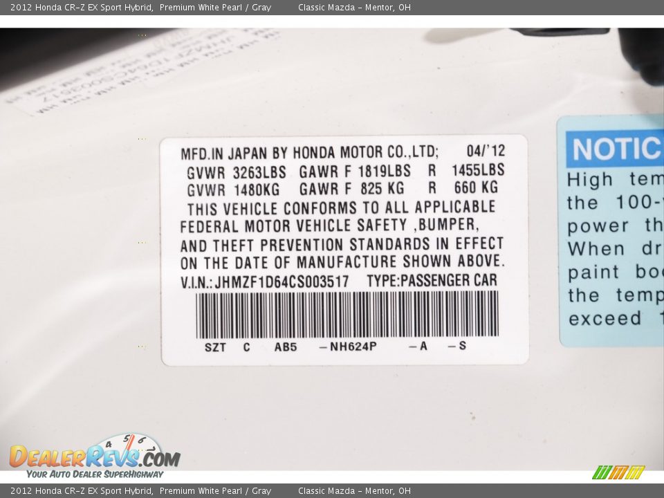 2012 Honda CR-Z EX Sport Hybrid Premium White Pearl / Gray Photo #16
