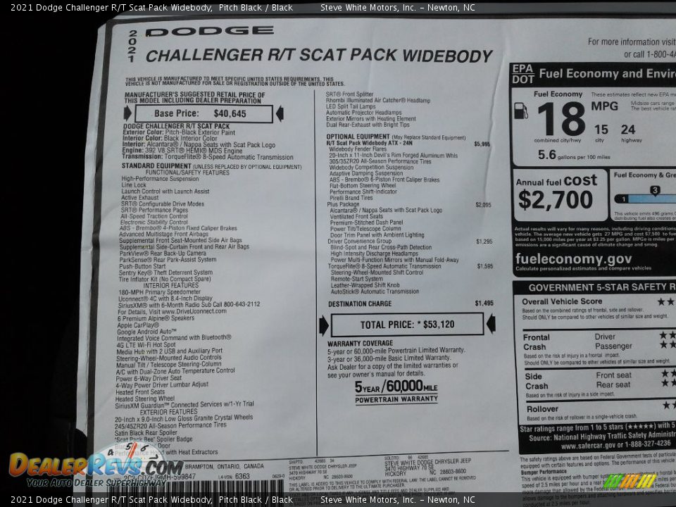 2021 Dodge Challenger R/T Scat Pack Widebody Window Sticker Photo #26