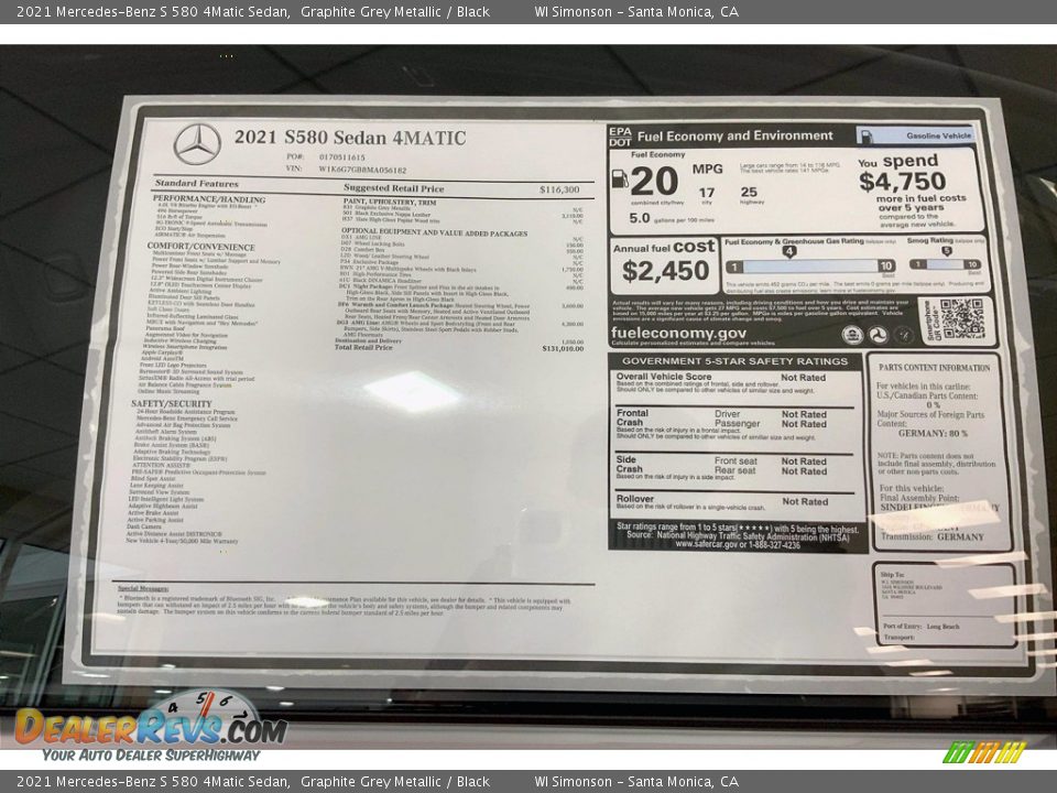 2021 Mercedes-Benz S 580 4Matic Sedan Window Sticker Photo #12