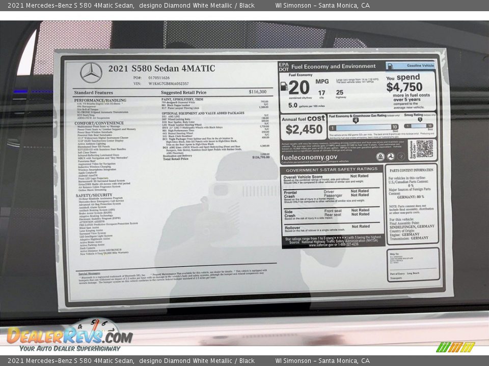 2021 Mercedes-Benz S 580 4Matic Sedan Window Sticker Photo #13