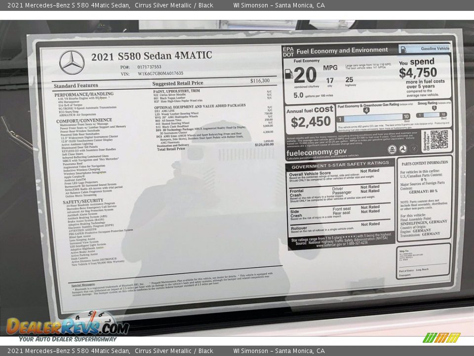 2021 Mercedes-Benz S 580 4Matic Sedan Window Sticker Photo #13