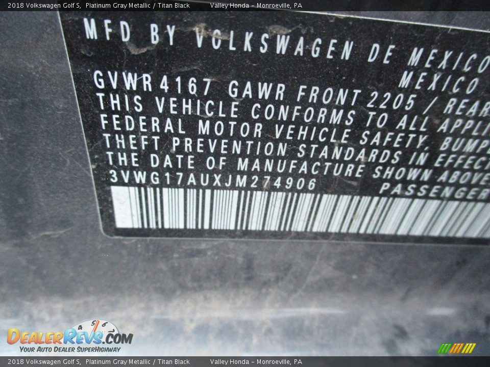 2018 Volkswagen Golf S Platinum Gray Metallic / Titan Black Photo #19