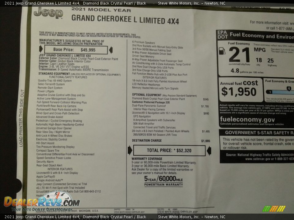 2021 Jeep Grand Cherokee L Limited 4x4 Diamond Black Crystal Pearl / Black Photo #33