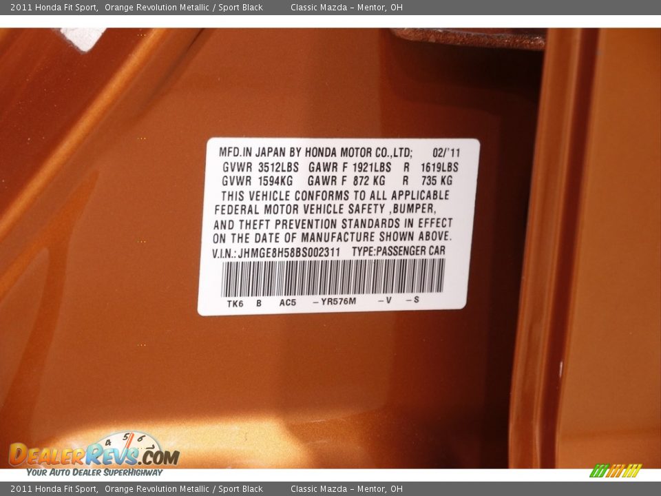2011 Honda Fit Sport Orange Revolution Metallic / Sport Black Photo #16