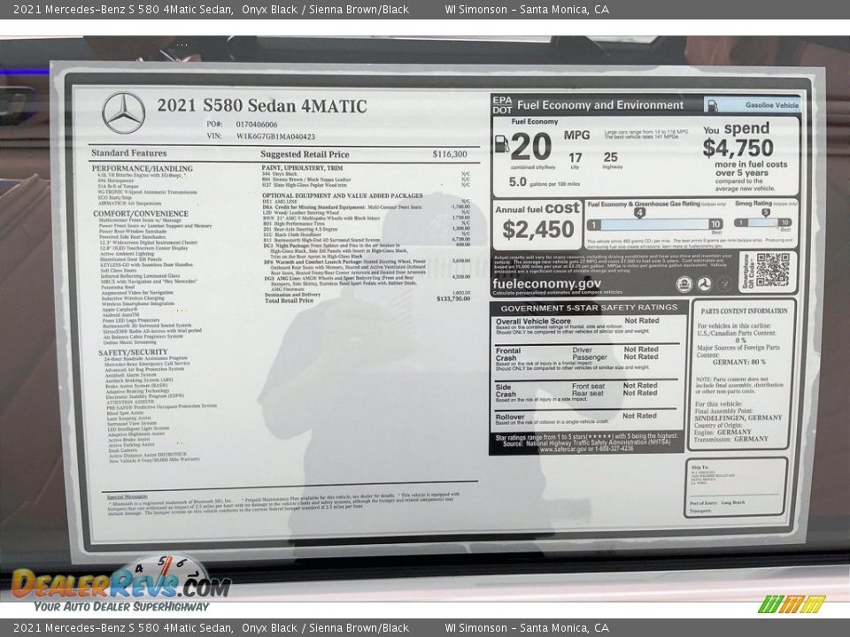 2021 Mercedes-Benz S 580 4Matic Sedan Window Sticker Photo #13