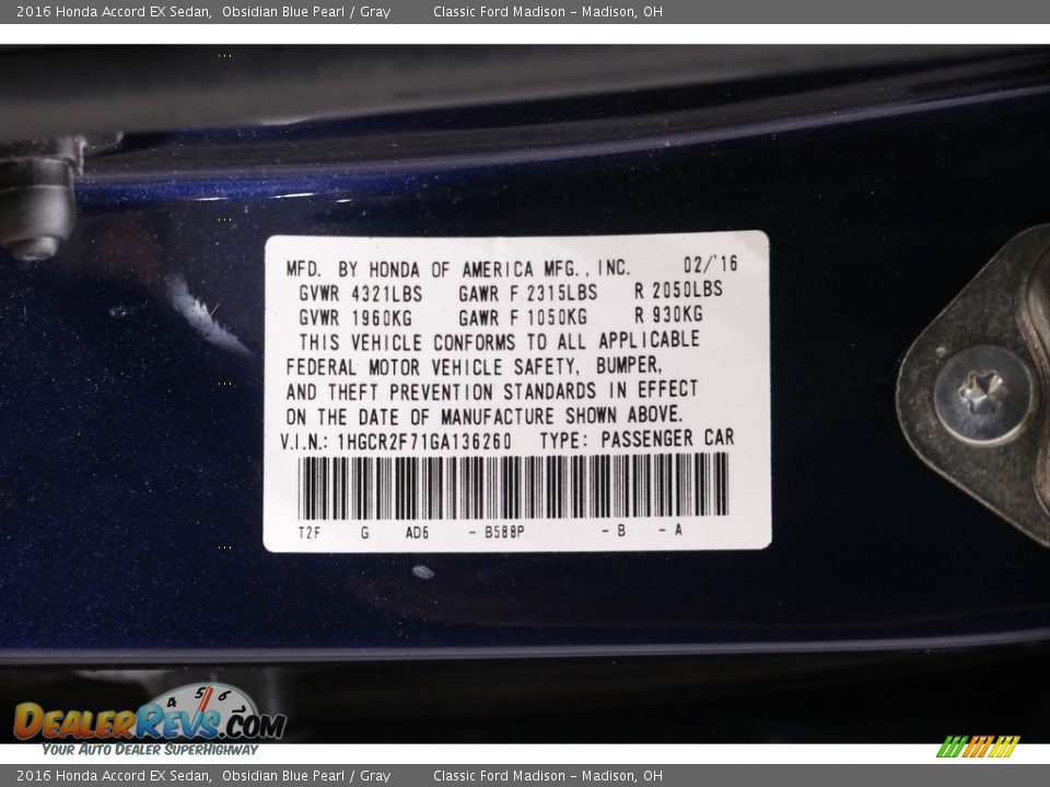 2016 Honda Accord EX Sedan Obsidian Blue Pearl / Gray Photo #24