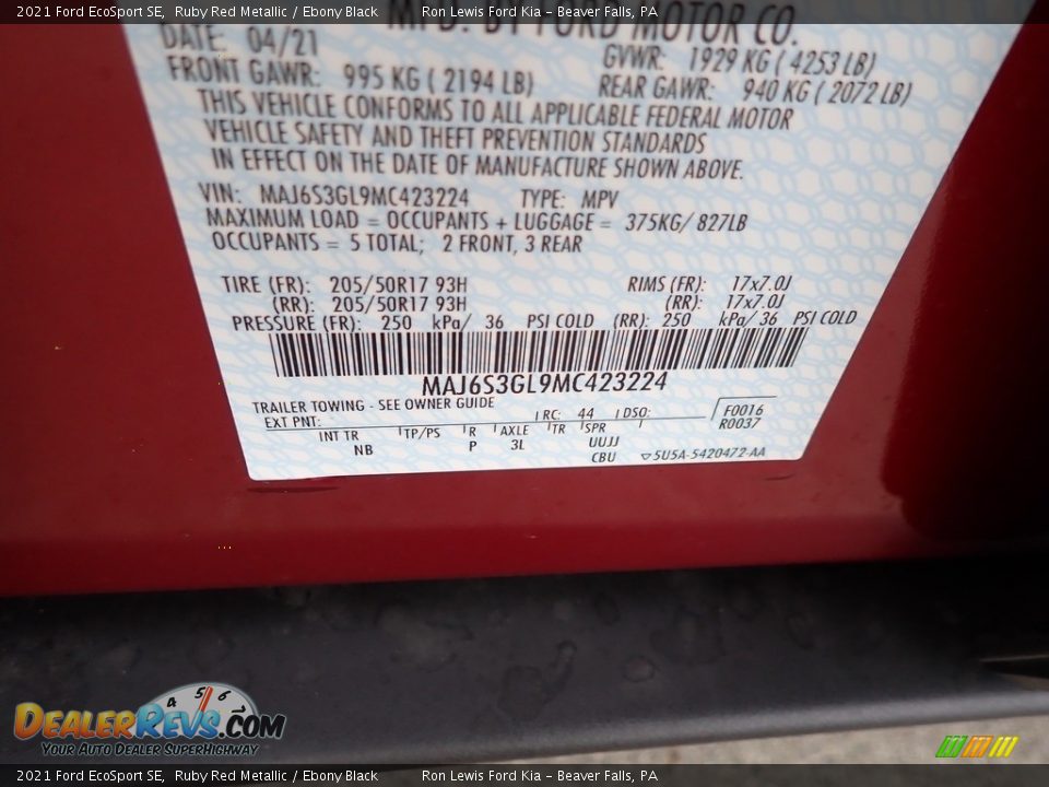 2021 Ford EcoSport SE Ruby Red Metallic / Ebony Black Photo #16