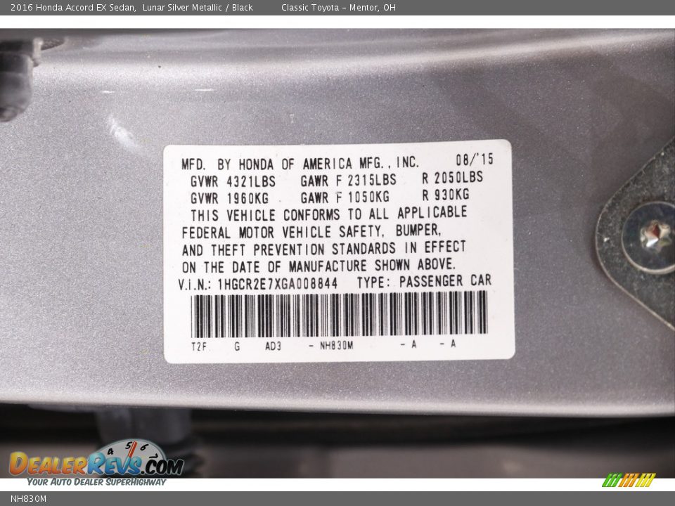 Honda Color Code NH830M Lunar Silver Metallic