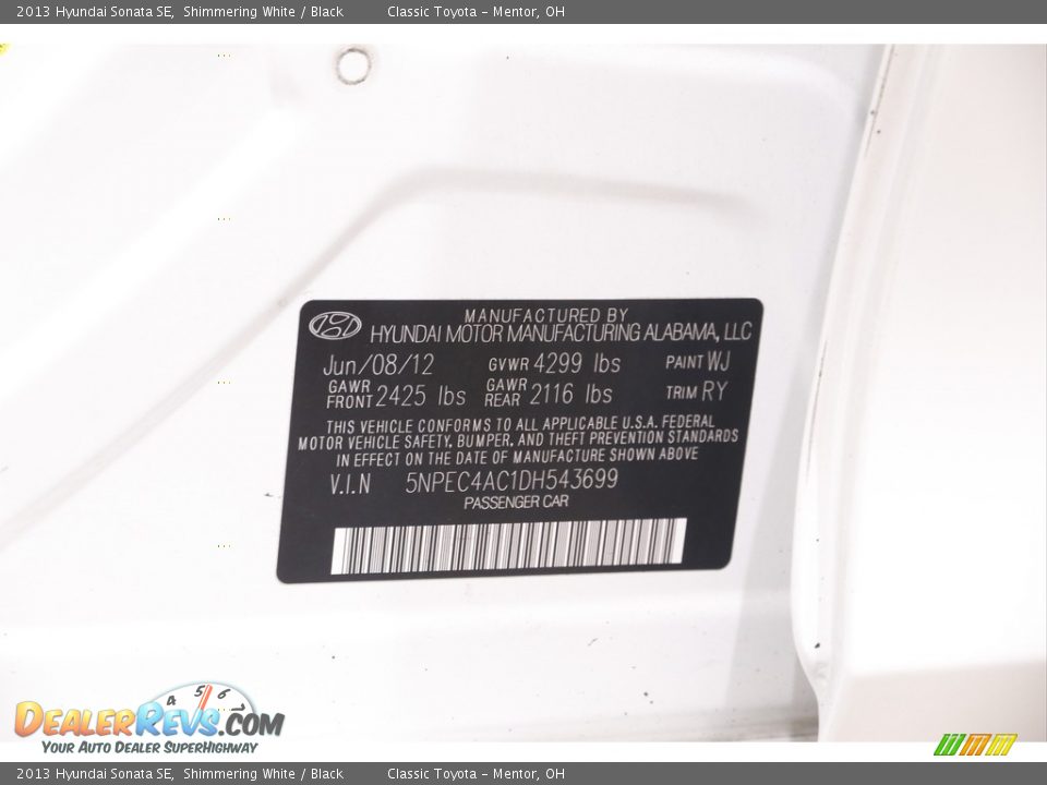 2013 Hyundai Sonata SE Shimmering White / Black Photo #18