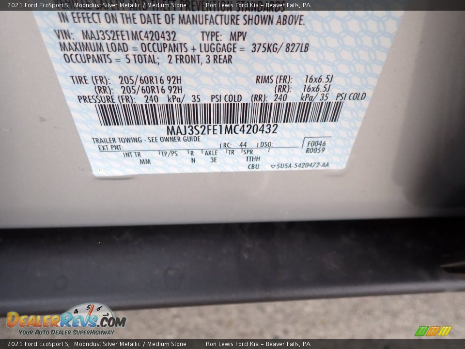 2021 Ford EcoSport S Moondust Silver Metallic / Medium Stone Photo #15