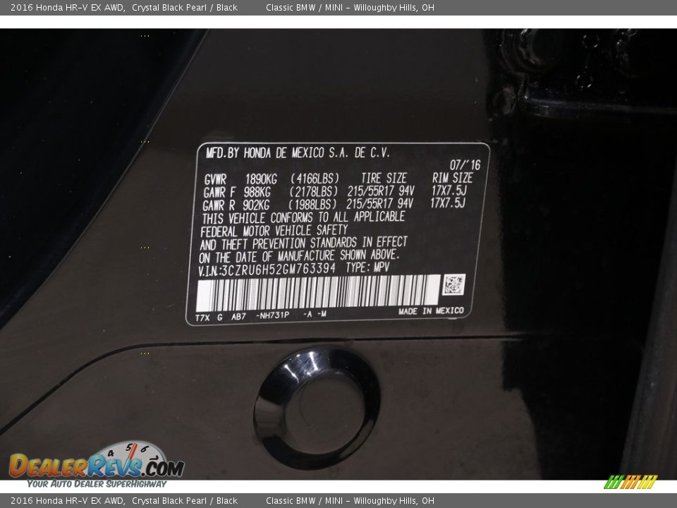 2016 Honda HR-V EX AWD Crystal Black Pearl / Black Photo #19